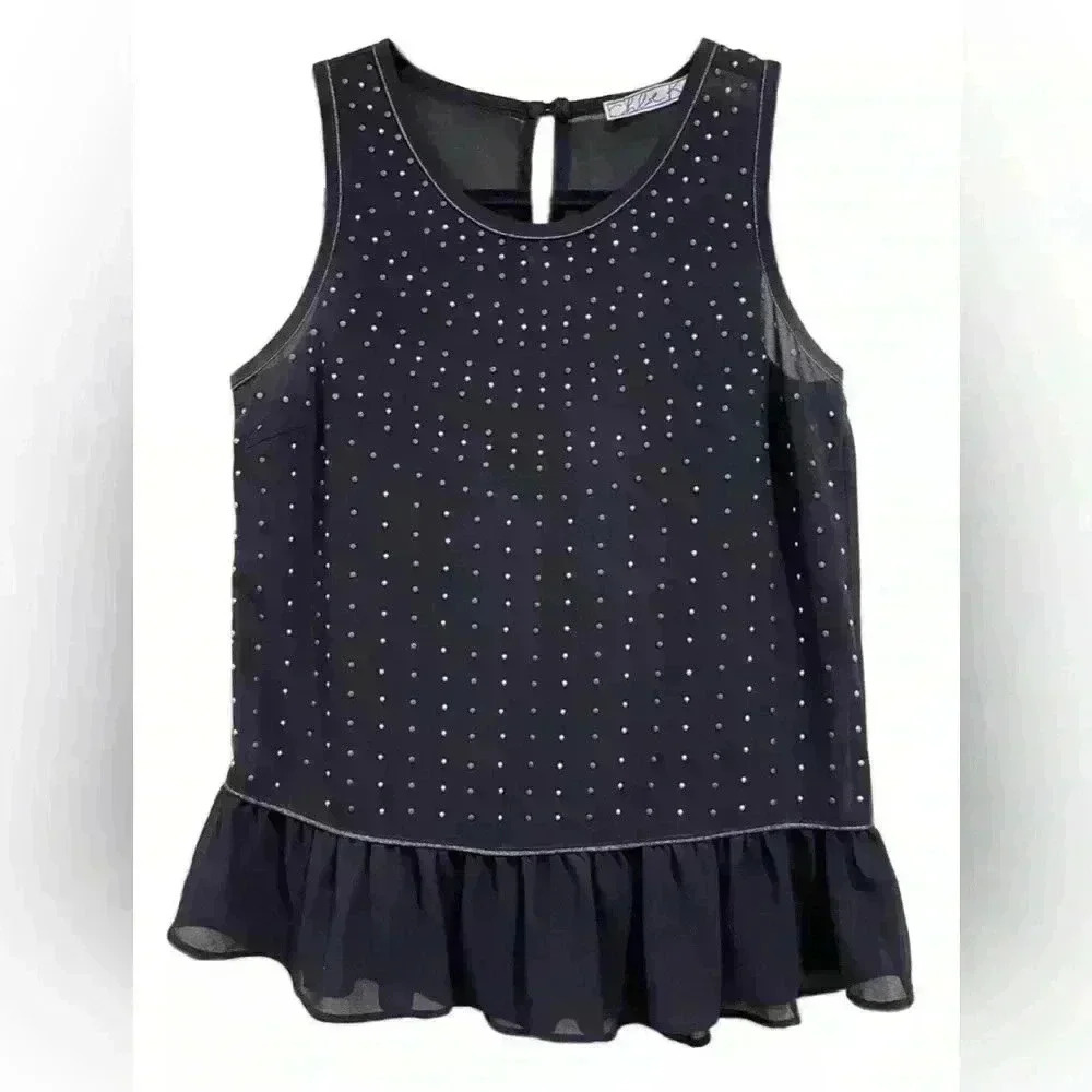 Chloe K Womens S Sheer Black Embellished Studded Ruffled Peplum Blouse Tank Top